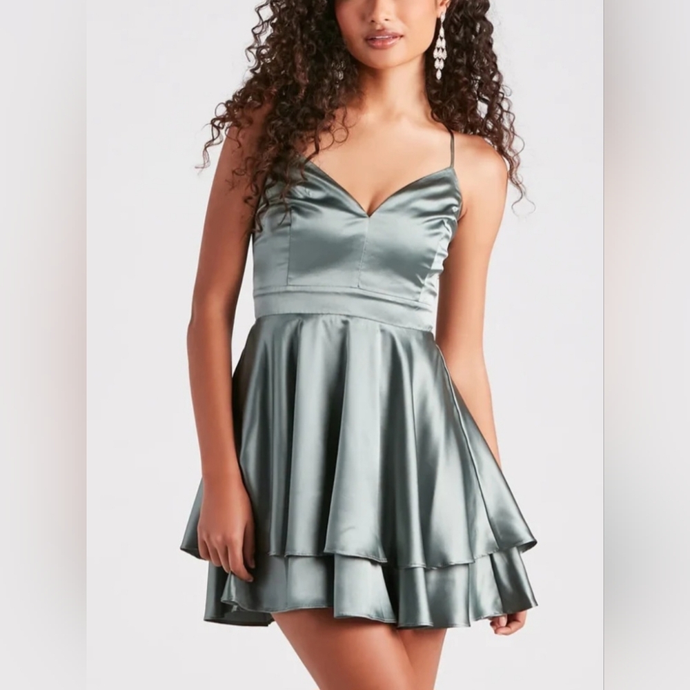 Windsor Satin Spaghetti-Strap Tiered Mini Dress in Sage